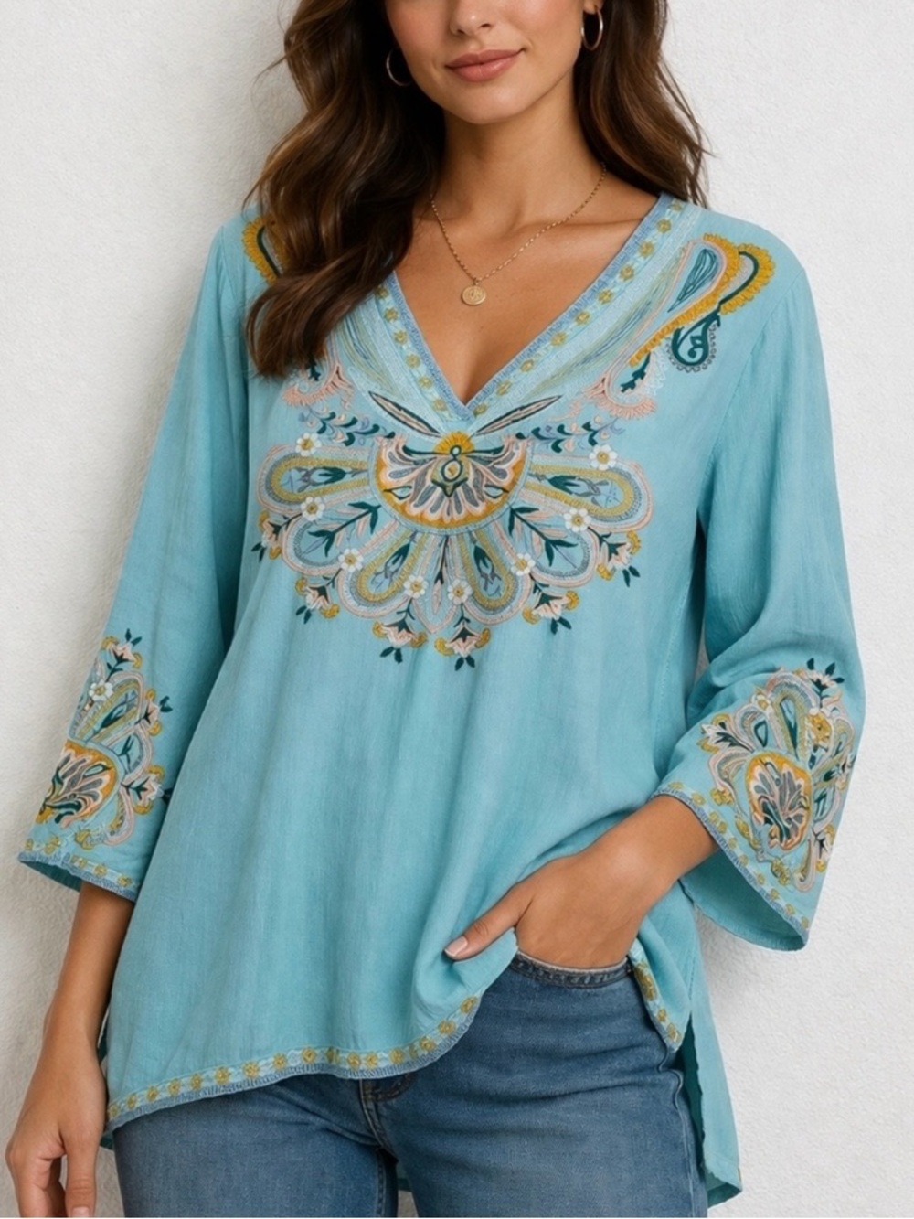 Embroidered V-Neck Tunic Blouse